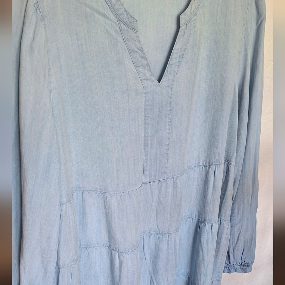 Dip Women's Light Blue Denim Tiered Ruffle Notched Neck Dress Size L - Picture 4 of 6